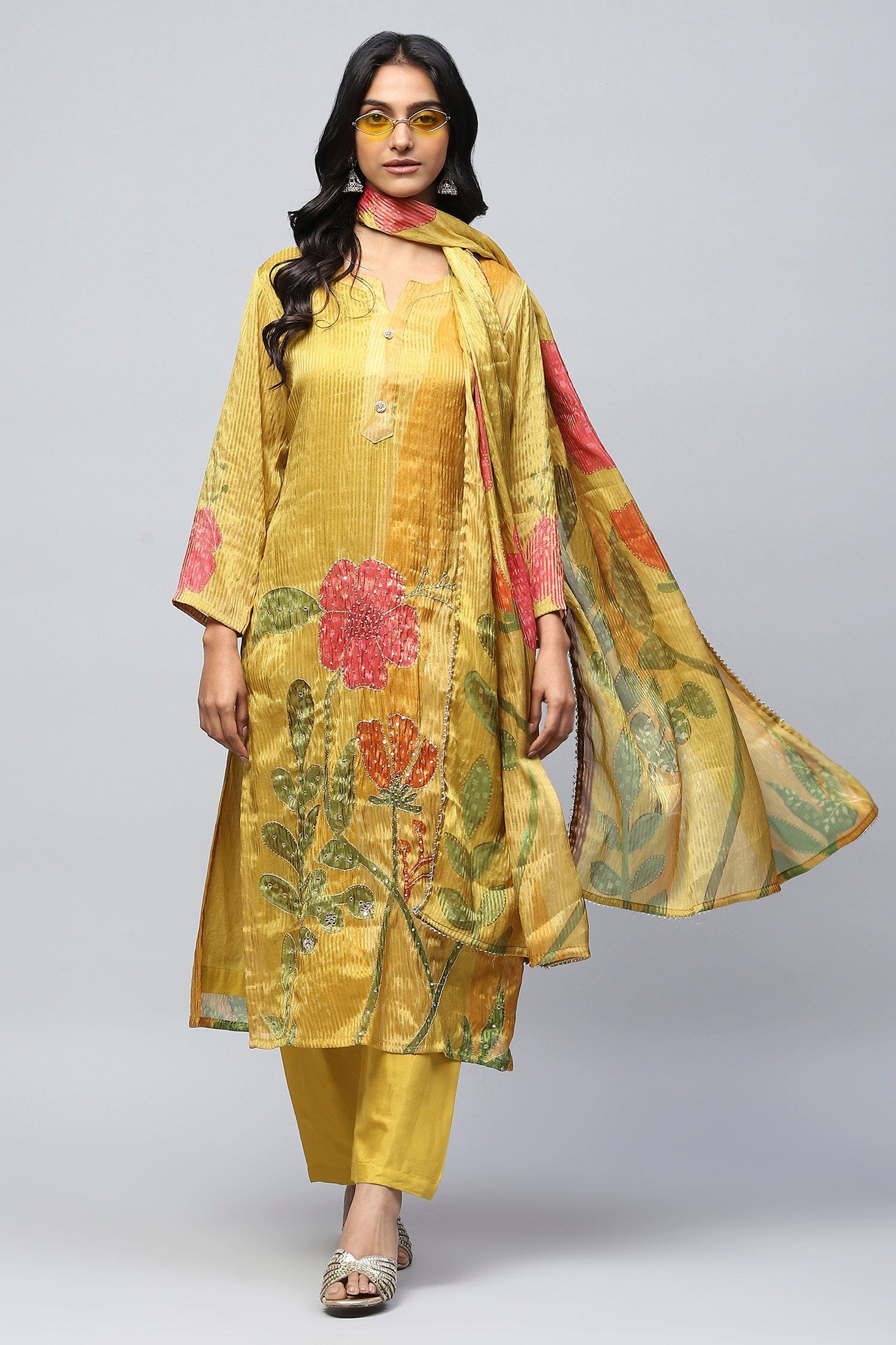 Mustard Digital Print with Handwork Suit Set for Women - Qurbat