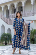 Navy Blue Anarkali Cotton Kurta Set with Embroidered Yoke & Printed Dupatta – 3 Piece Set - Qurbat