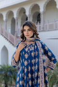 Navy Blue Anarkali Cotton Kurta Set with Embroidered Yoke & Printed Dupatta – 3 Piece Set - Qurbat