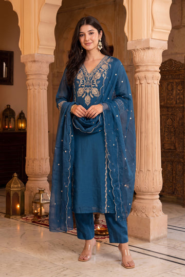 Navy Blue with Maslin Ethnic Motifs Embroidered Straight Kurta with Trousers & Dupatta
