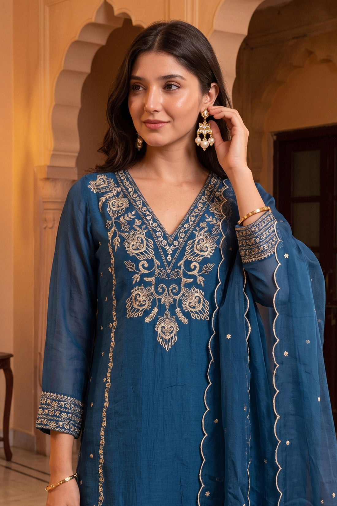 Navy Blue with Maslin Ethnic Motifs Embroidered Straight Kurta with Trousers & Dupatta