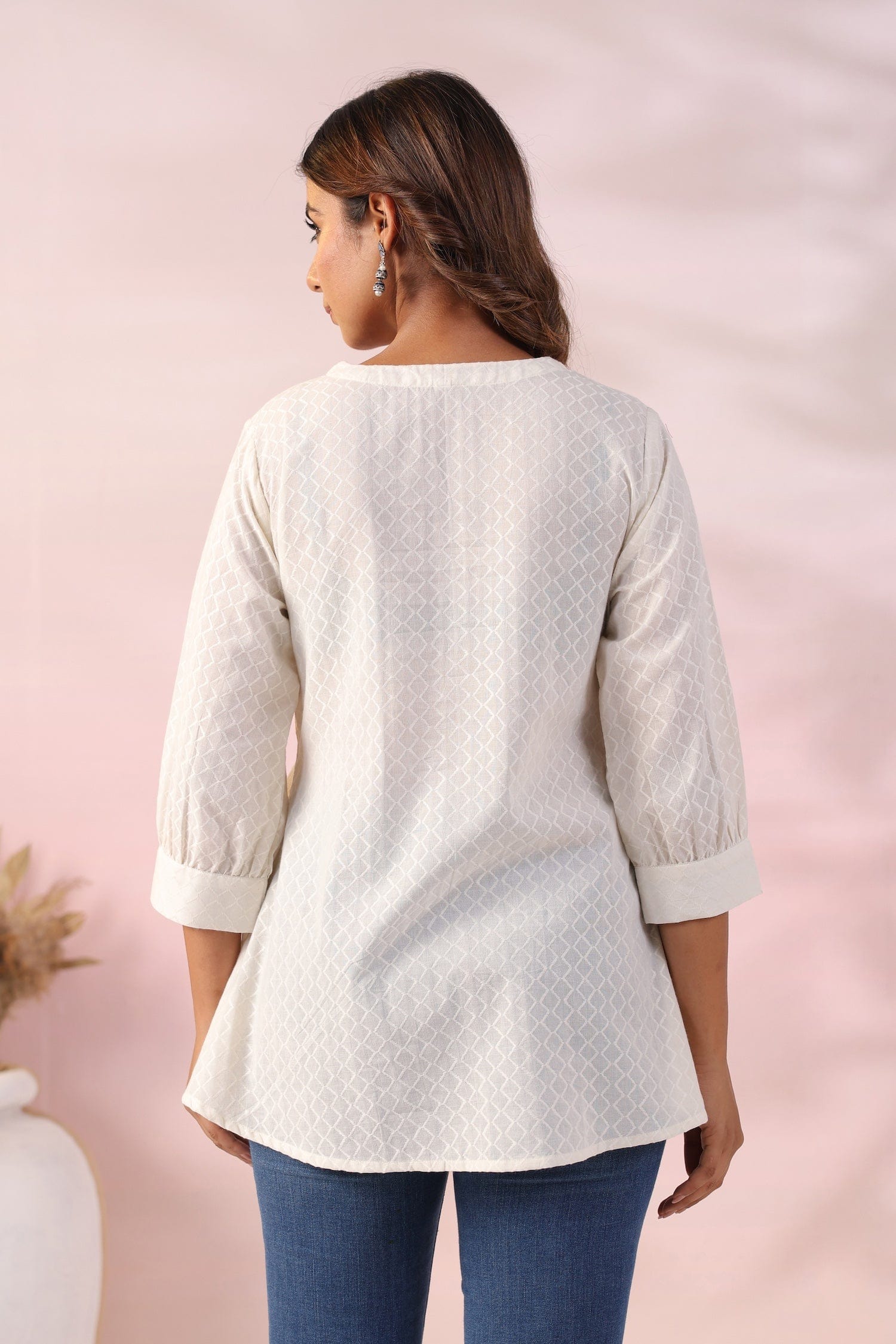 Off White Cotton Jacquard Kurti - Qurbat