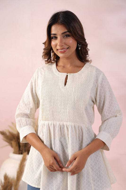 Off White Cotton Jacquard Kurti - Qurbat