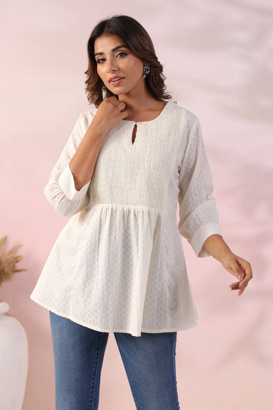 Off White Cotton Jacquard Kurti - Qurbat