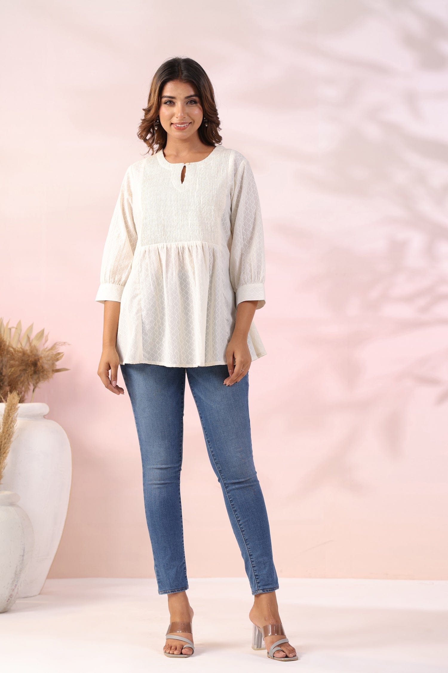 Off White Cotton Jacquard Kurti - Qurbat