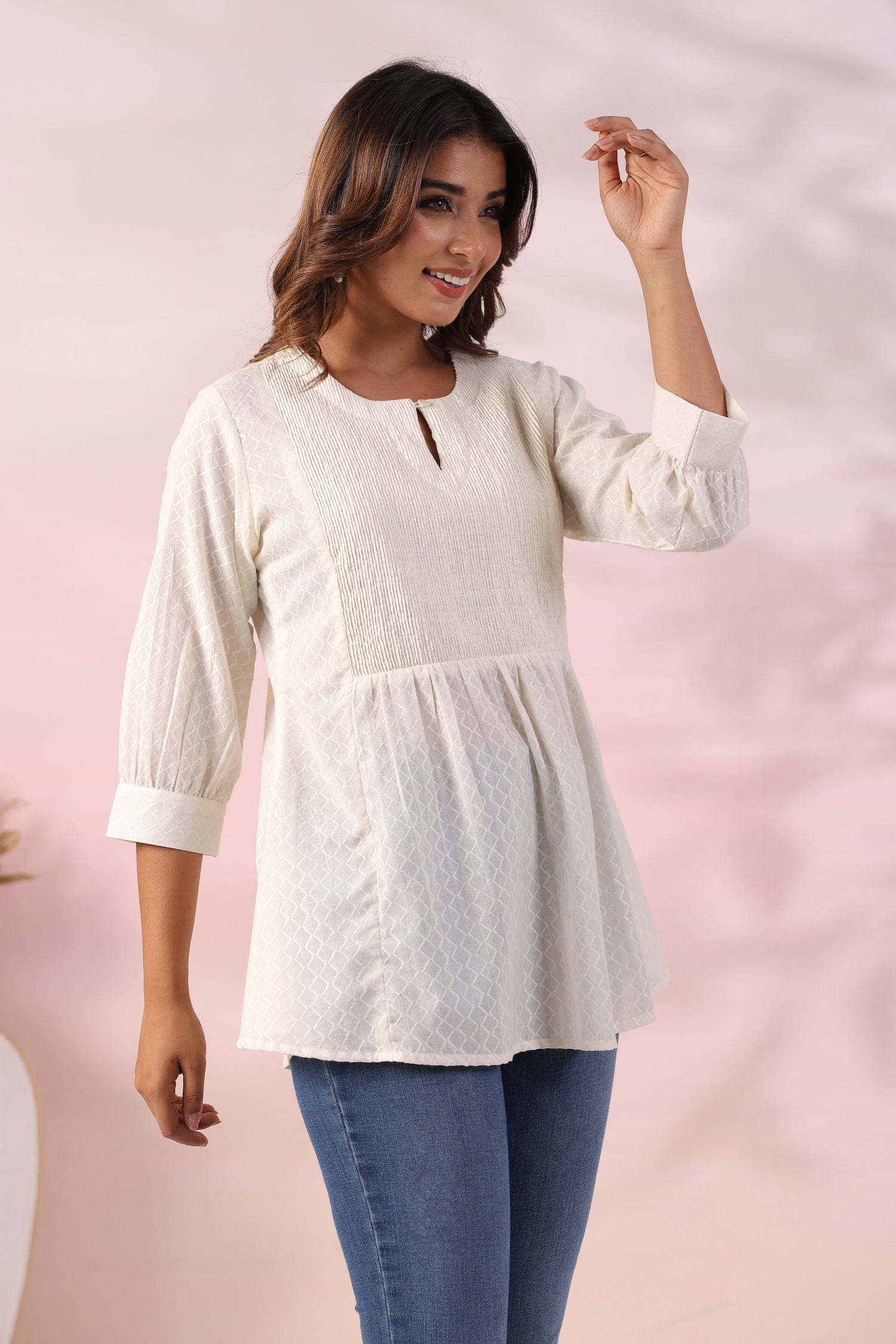 Off White Cotton Jacquard Kurti - Qurbat