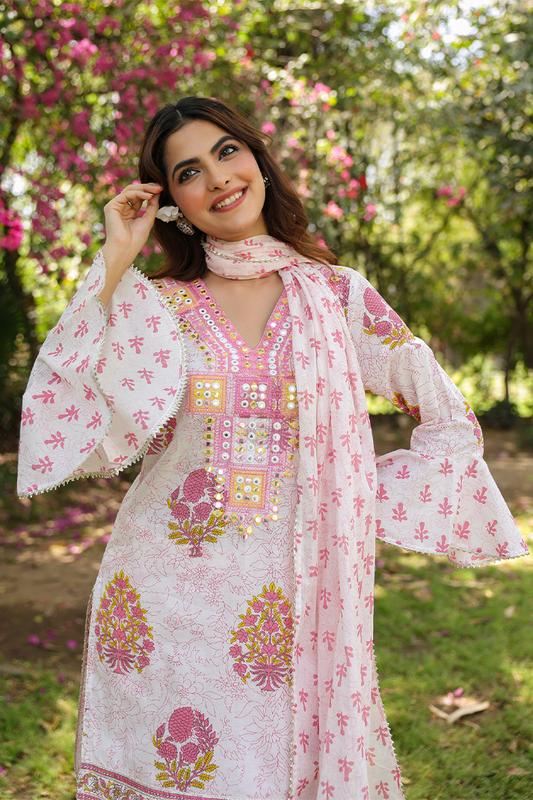Pink Floral Printed Cotton Suit Set with Mirror Embroidery