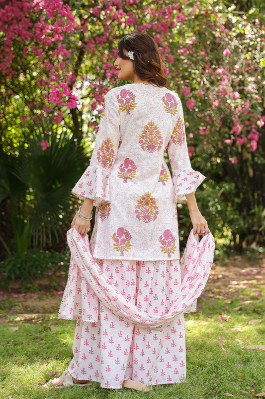 Pink Floral Printed Cotton Suit Set with Mirror Embroidery