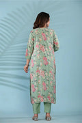 Pastel Green Floral Printed Cotton Suit Set with Embellished Neckline & Dupatta - Qurbat
