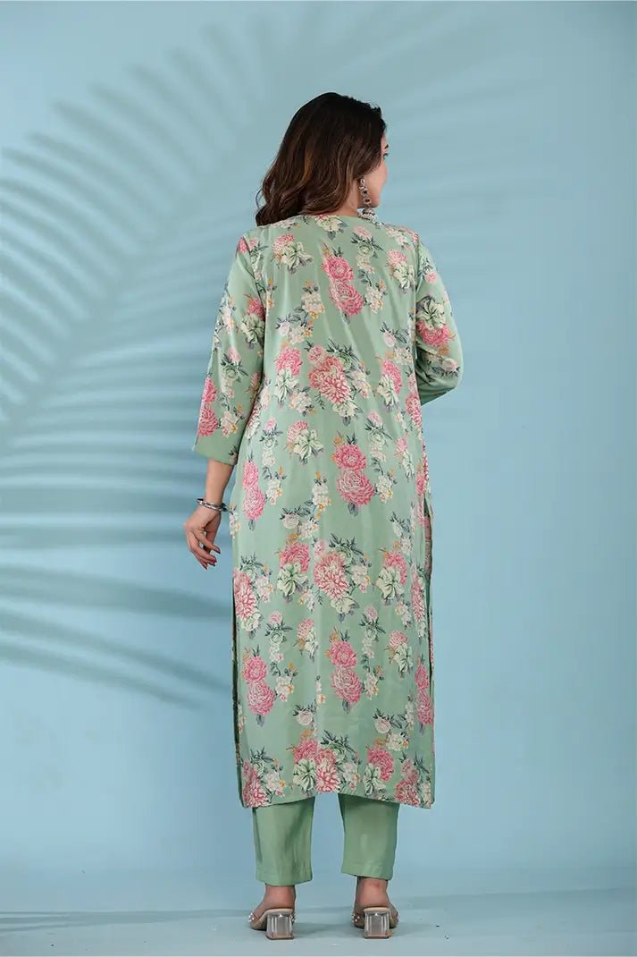 Pastel Green Floral Printed Cotton Suit Set with Embellished Neckline & Dupatta - Qurbat