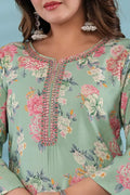 Pastel Green Floral Printed Cotton Suit Set with Embellished Neckline & Dupatta - Qurbat