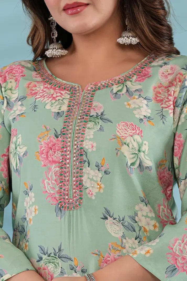 Pastel Green Floral Printed Cotton Suit Set with Embellished Neckline & Dupatta - Qurbat