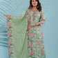 Pastel Green Floral Printed Cotton Suit Set with Embellished Neckline & Dupatta - Qurbat
