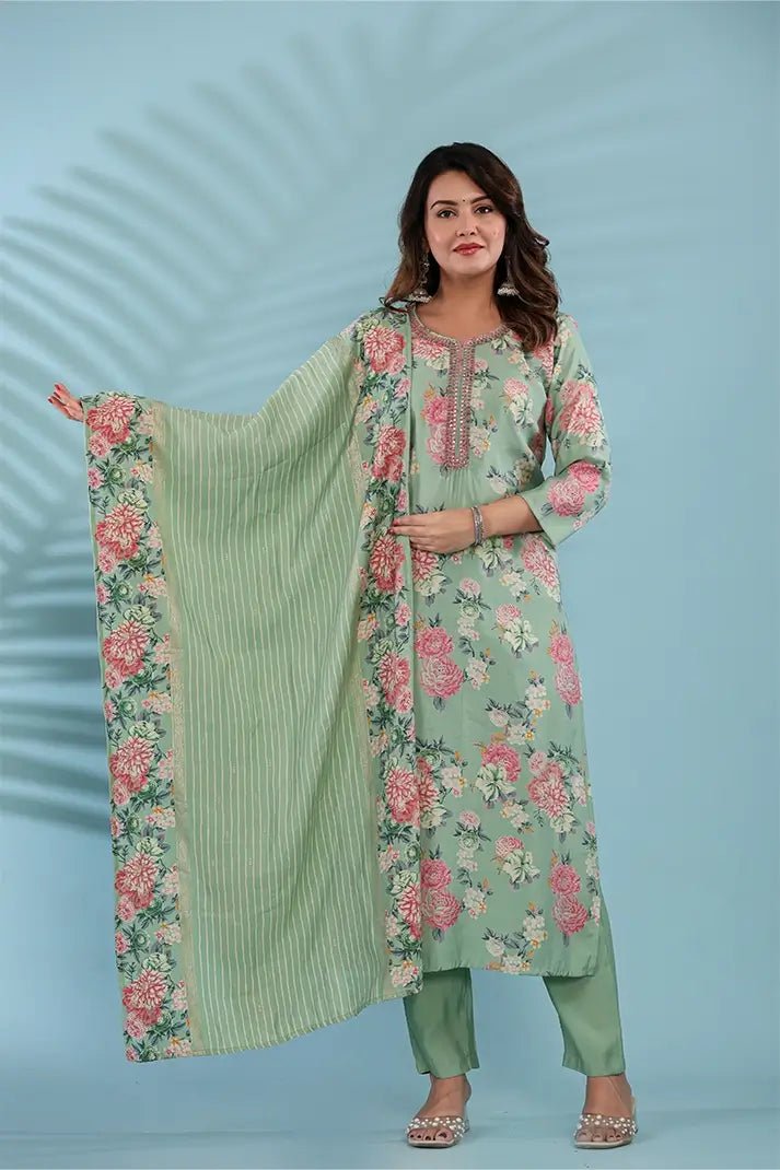 Pastel Green Floral Printed Cotton Suit Set with Embellished Neckline & Dupatta - Qurbat