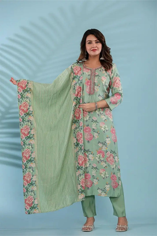 Pastel Green Floral Printed Cotton Suit Set with Embellished Neckline & Dupatta