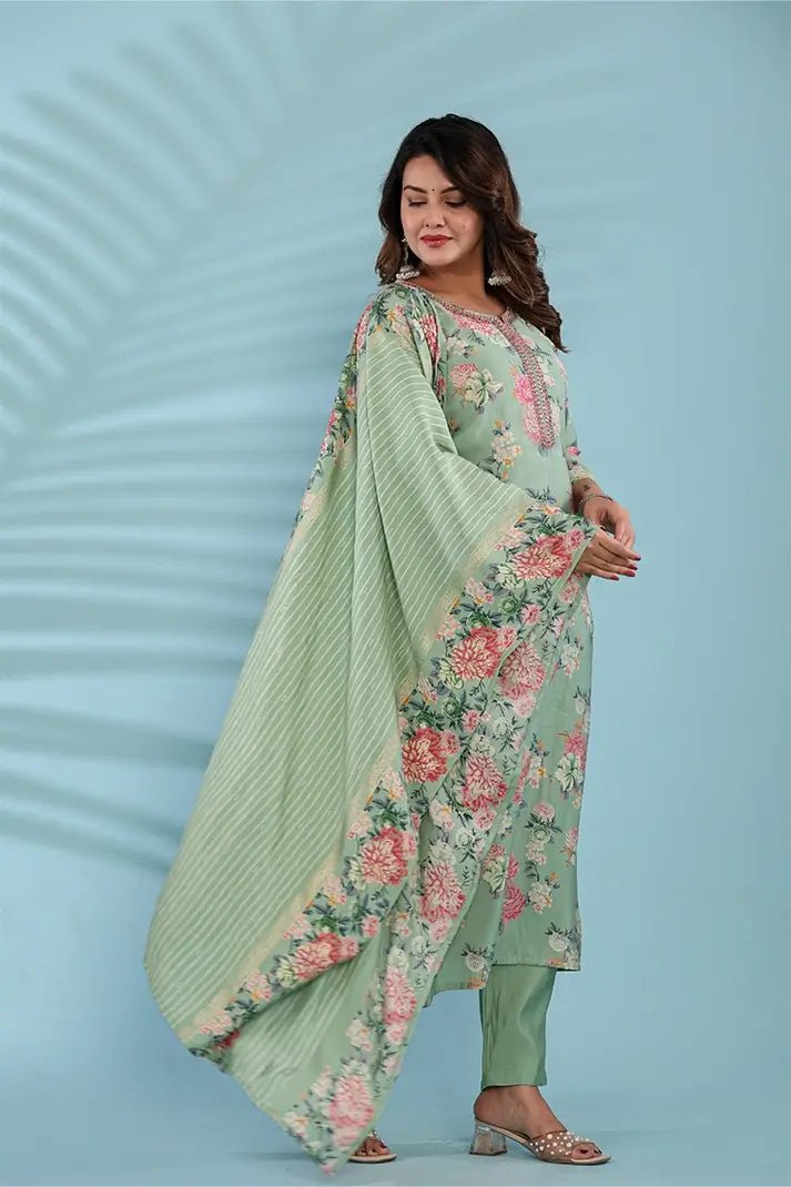 Pastel Green Floral Printed Cotton Suit Set with Embellished Neckline & Dupatta - Qurbat