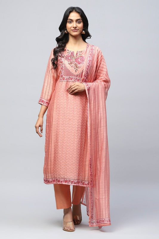 Peach printed suit set with hand embroidery – Elegant & Traditional - Qurbat
