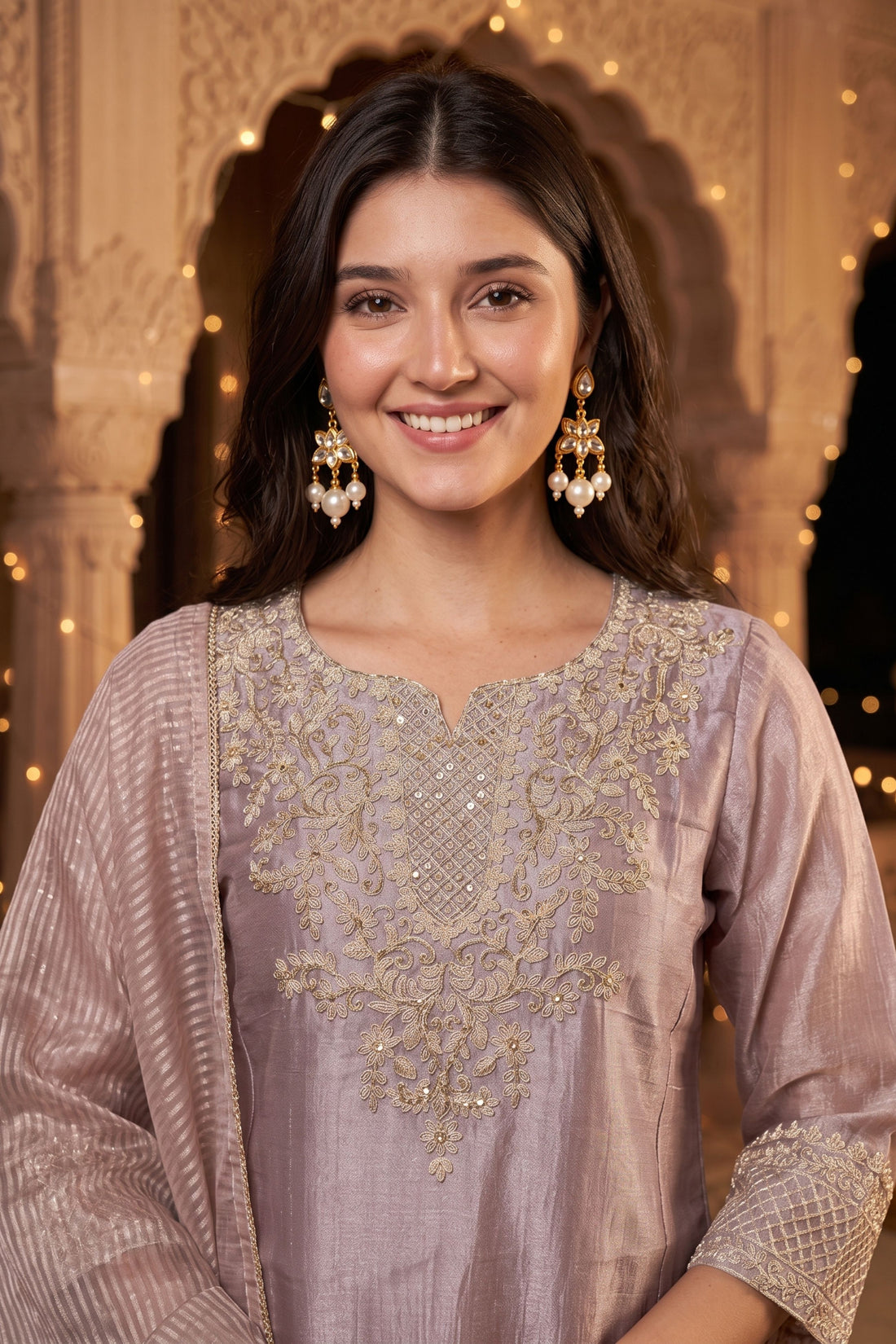 Peach with Tissue Fabric Embroidered Straight Kurta with Trousers & Dupatta