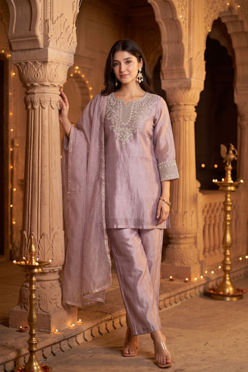 Peach with Tissue Fabric Embroidered Straight Kurta with Trousers & Dupatta