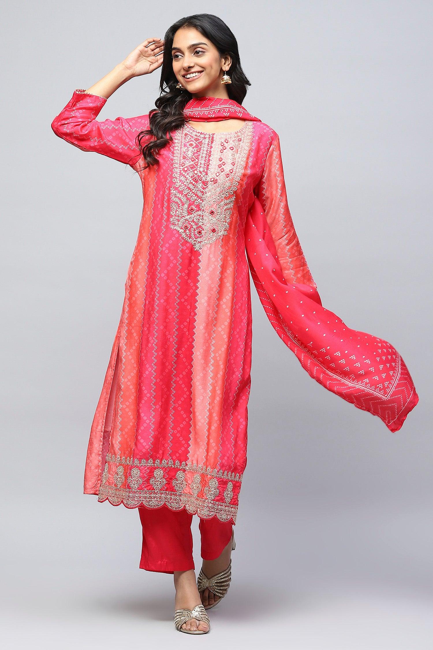 Pink Digital Print Suit Set for Women with Zari Embroidery - Qurbat