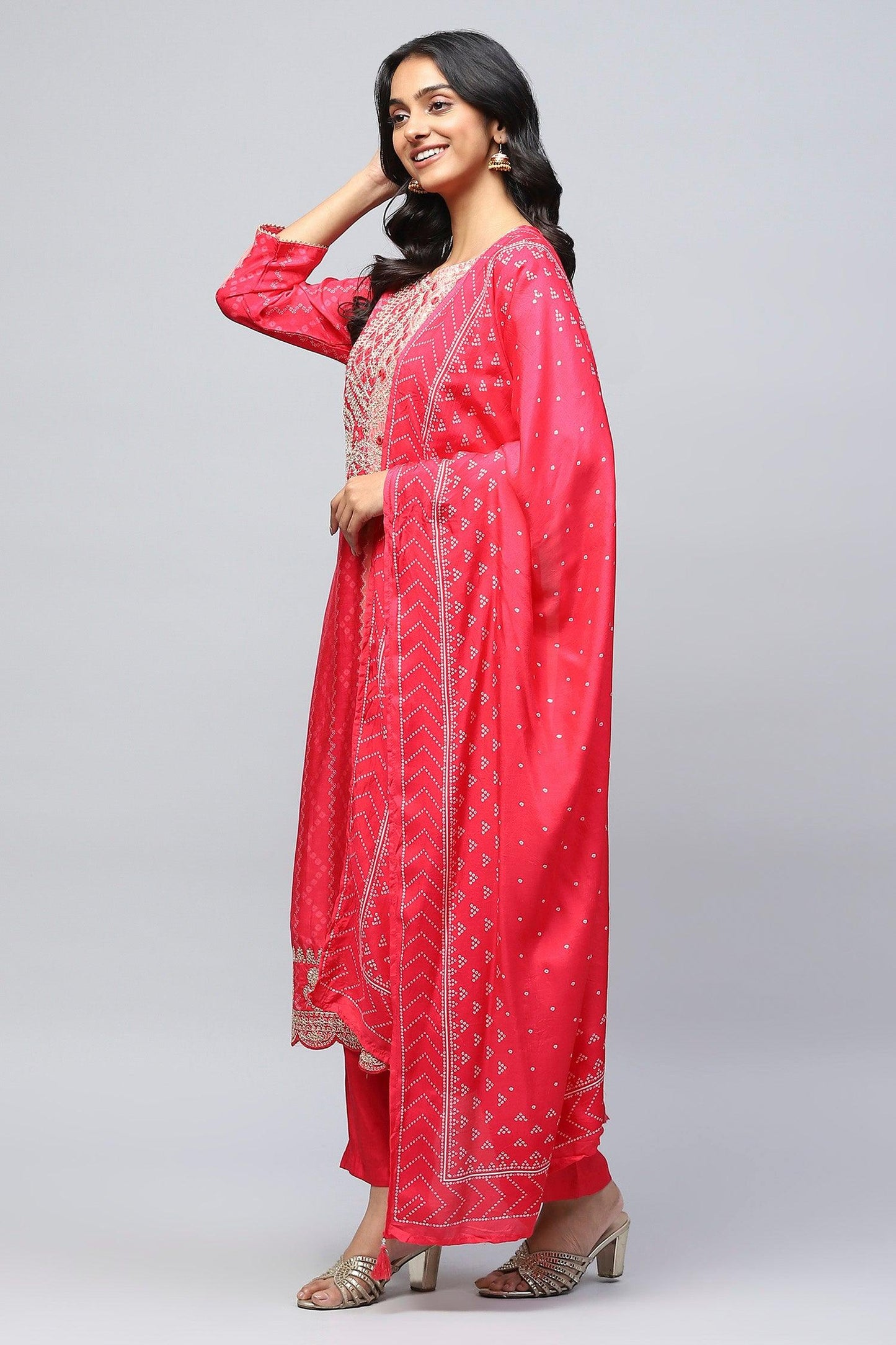 Pink Digital Print Suit Set for Women with Zari Embroidery - Qurbat