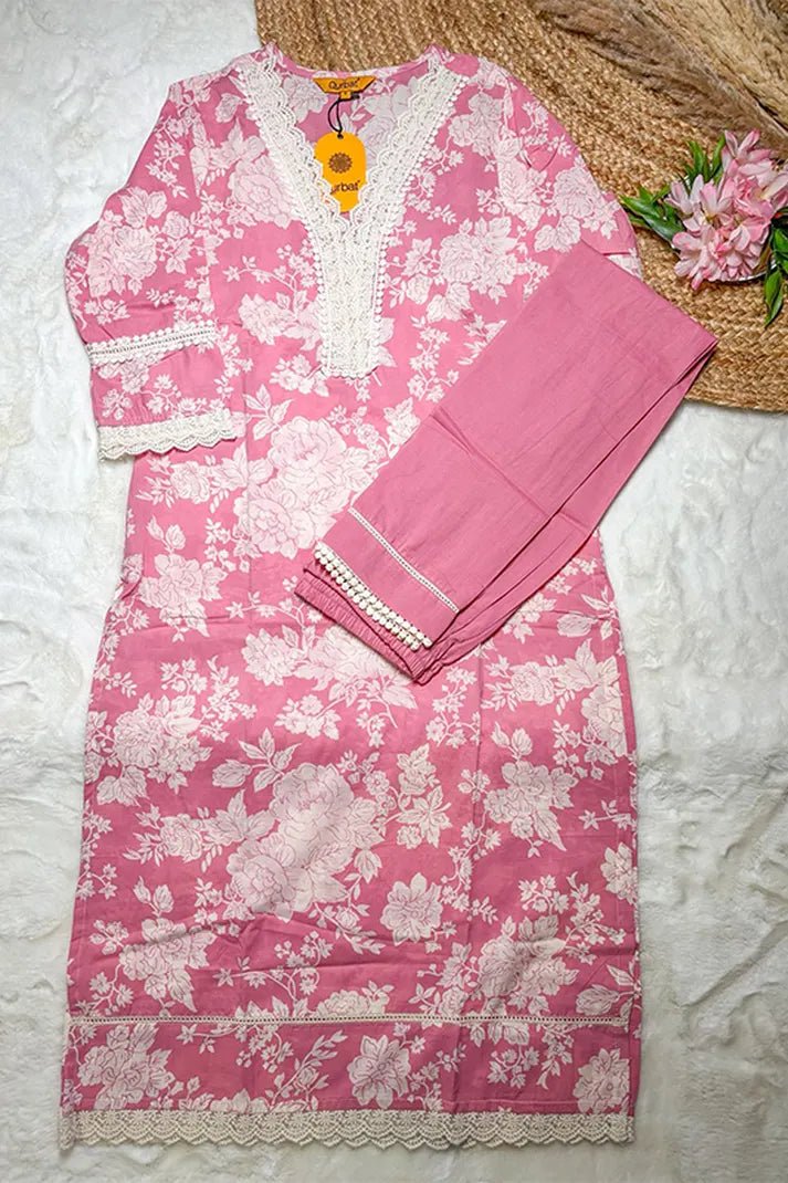Pink Floral Cotton Kurta Set with Crochet Lace Detailing – 2PC Set - Qurbat