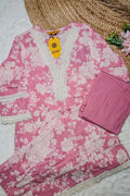 Pink Floral Cotton Kurta Set with Crochet Lace Detailing – 2PC Set - Qurbat
