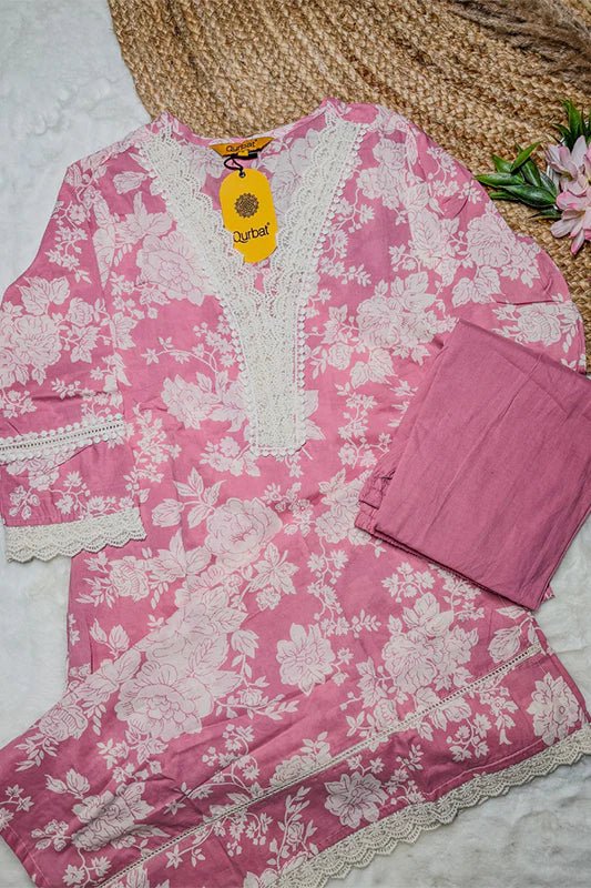 Pink Floral Cotton Kurta Set with Crochet Lace Detailing – 2PC Set - Qurbat