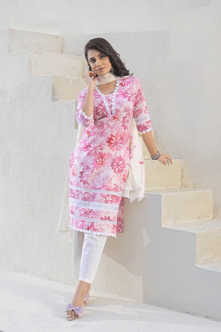 Pink Floral Cotton Kurta Set with Lace Detailing & Mulmul Dupatta – 3 Piece Summer Essential - Qurbat