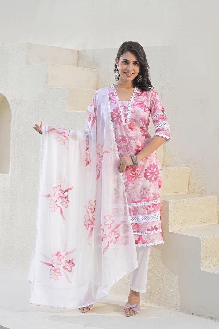 Pink Floral Cotton Kurta Set with Lace Detailing & Mulmul Dupatta – 3 Piece Summer Essential - Qurbat