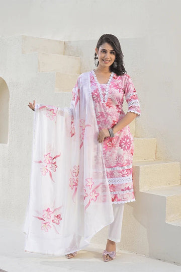 Pink Floral Cotton Kurta Set with Lace Detailing & Mulmul Dupatta – 3 Piece Summer Essential - Qurbat