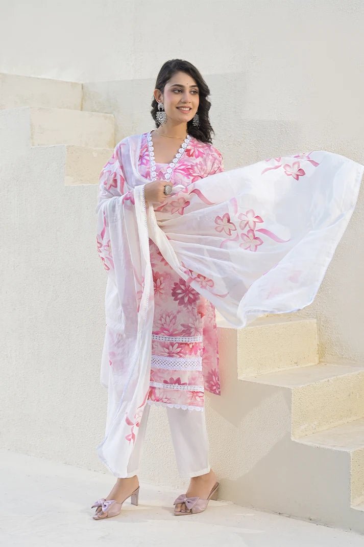 Pink Floral Cotton Kurta Set with Lace Detailing & Mulmul Dupatta – 3 Piece Summer Essential - Qurbat