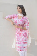 Pink Floral Cotton Kurta Set with Lace Detailing & Mulmul Dupatta – 3 Piece Summer Essential - Qurbat
