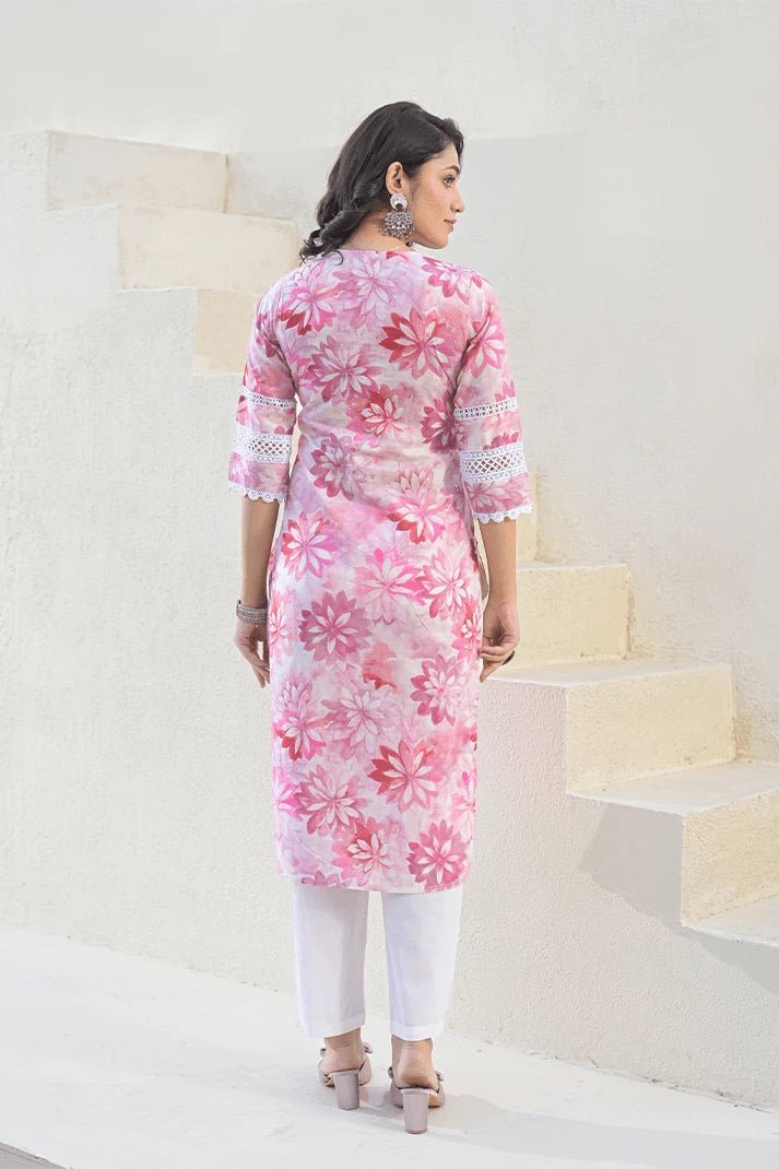 Pink Floral Cotton Kurta Set with Lace Detailing & Mulmul Dupatta – 3 Piece Summer Essential - Qurbat
