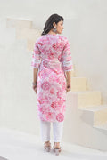 Pink Floral Cotton Kurta Set with Lace Detailing & Mulmul Dupatta – 3 Piece Summer Essential - Qurbat