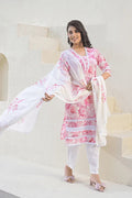 Pink Floral Cotton Kurta Set with Lace Detailing & Mulmul Dupatta – 3 Piece Summer Essential - Qurbat