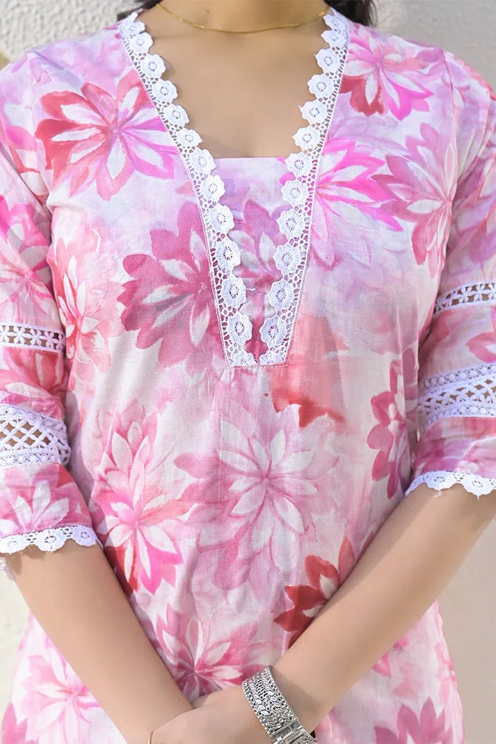 Pink Floral Cotton Kurta Set with Lace Detailing & Mulmul Dupatta – 3 Piece Summer Essential - Qurbat