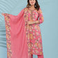Pink Floral Printed Cotton Suit Set with Embellished Neckline & Dupatta - Qurbat