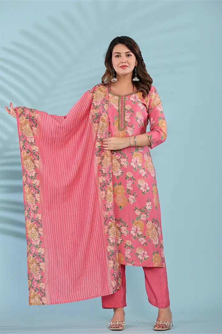 Pink Floral Printed Cotton Suit Set with Embellished Neckline & Dupatta - Qurbat
