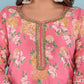 Pink Floral Printed Cotton Suit Set with Embellished Neckline & Dupatta - Qurbat