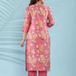Pink Floral Printed Cotton Suit Set with Embellished Neckline & Dupatta - Qurbat
