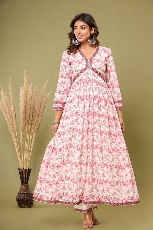 Pink Floral Printed Suit Set With Neck Embroidery - Qurbat