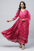 Pink Muslin Angrakha Printed Suit Set for Women - Qurbat