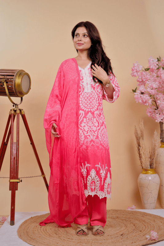 Pink Ombre Kurta Set with Threadwork & Lace Neckline - Qurbat