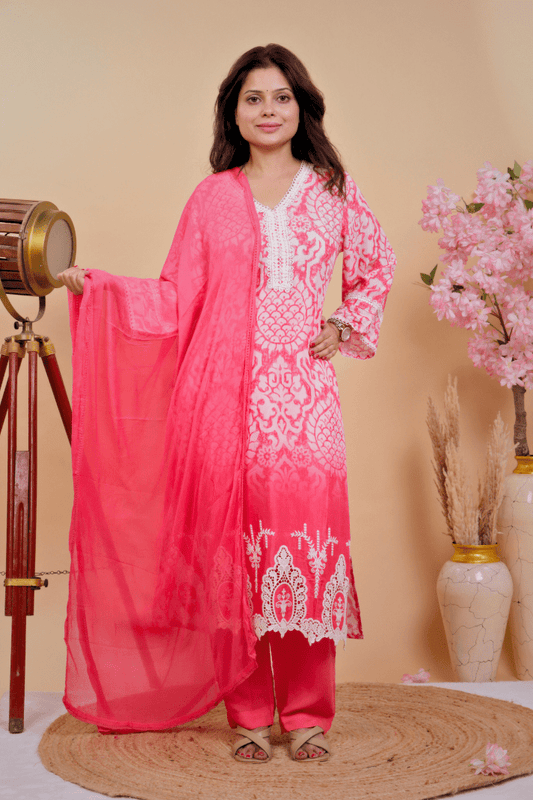 Pink Ombre Kurta Set with Threadwork & Lace Neckline - Qurbat
