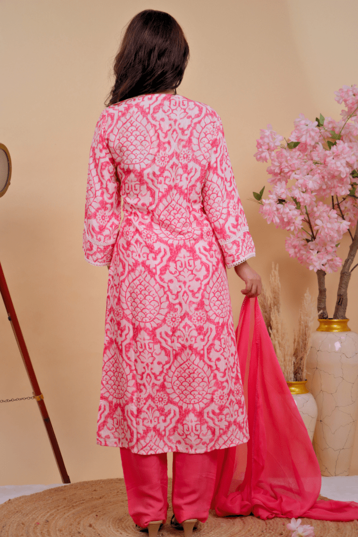 Pink Ombre Kurta Set with Threadwork & Lace Neckline - Qurbat