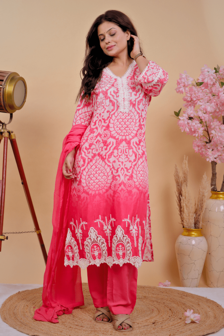 Pink Ombre Kurta Set with Threadwork & Lace Neckline - Qurbat