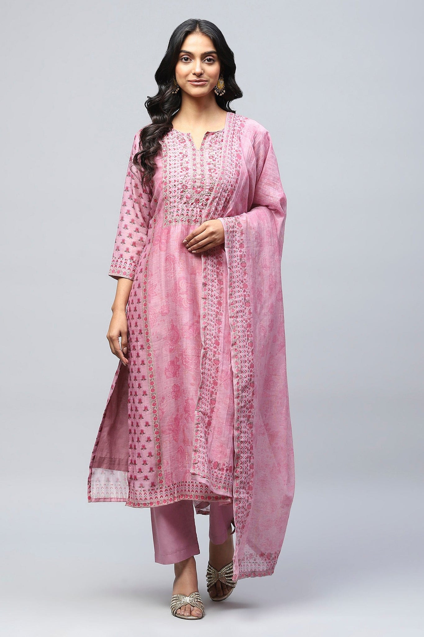 Pink printed suit set with mirror work – Elegant & Traditional - Qurbat
