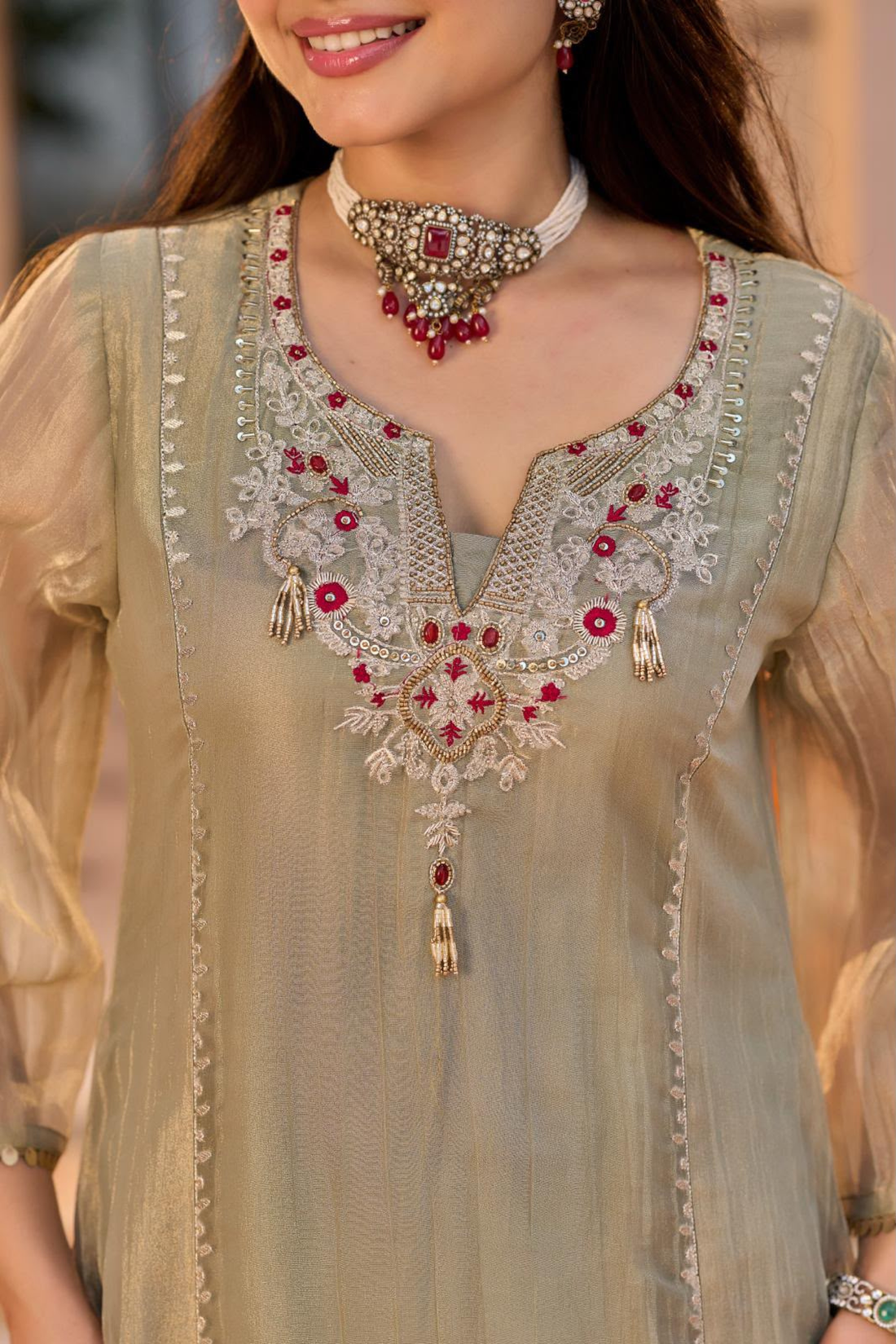 Pista Green with Tissue Fabric Embroidered Anarkali Kurta with Trousers & Dupatta