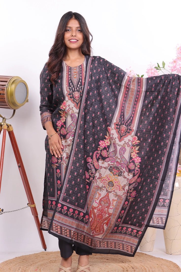 Premium Black Muslin 3 - Piece Suit with Intricate Ethnic Prints - Qurbat